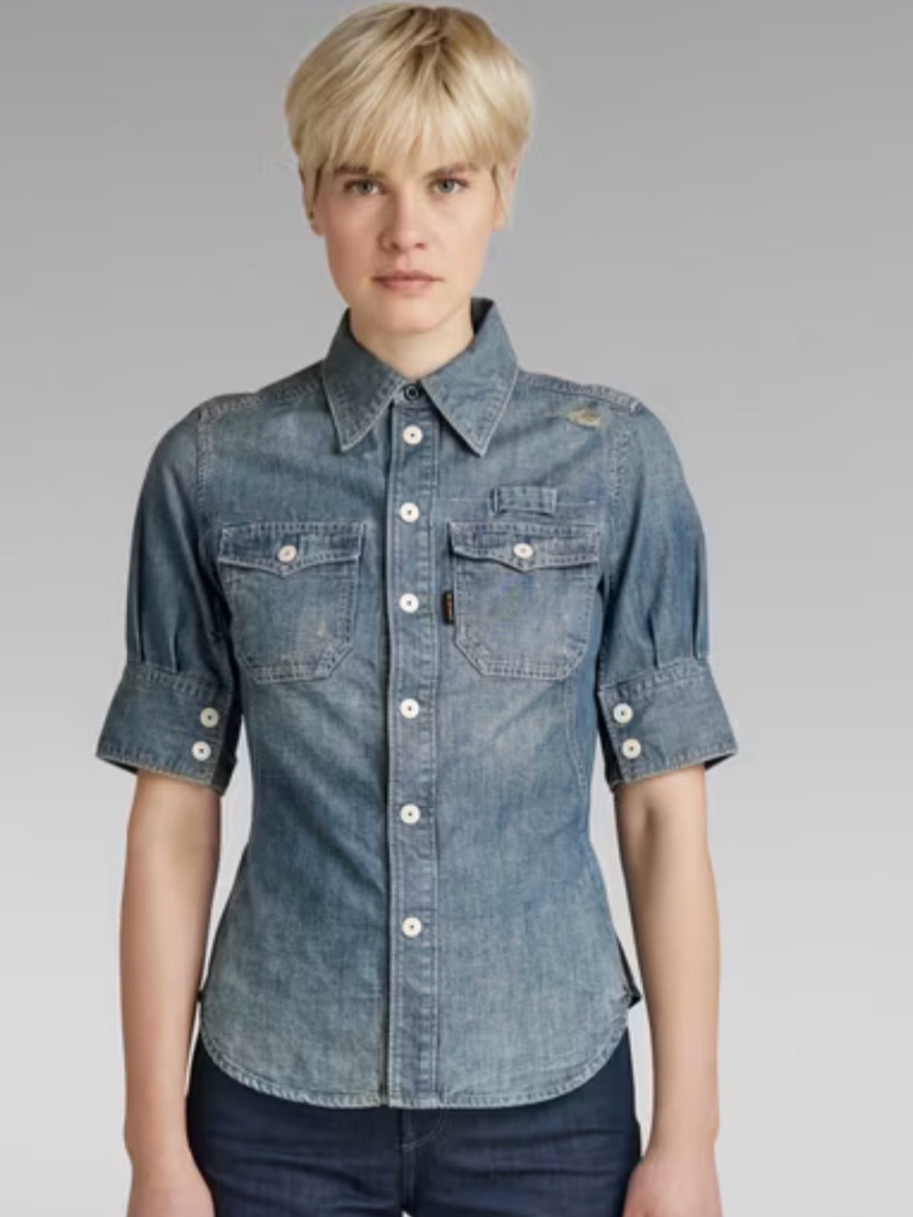 G-Star RAW Officer T-Shirt Puff Sleeve Chambray Blue Size XS